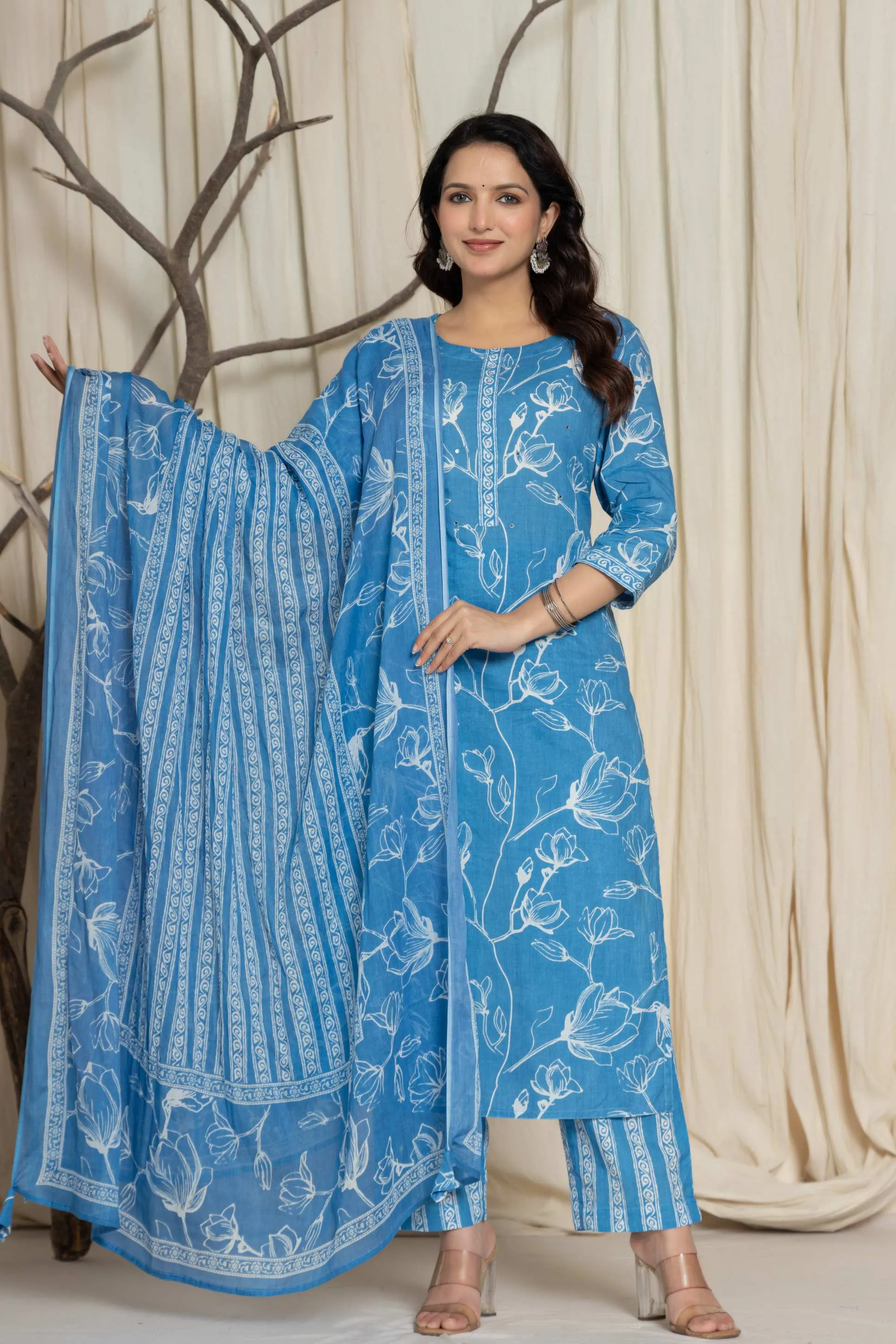 Elegant Sky Blue Floral Cotton Suit Set - Kurti, Pant & Dupatta