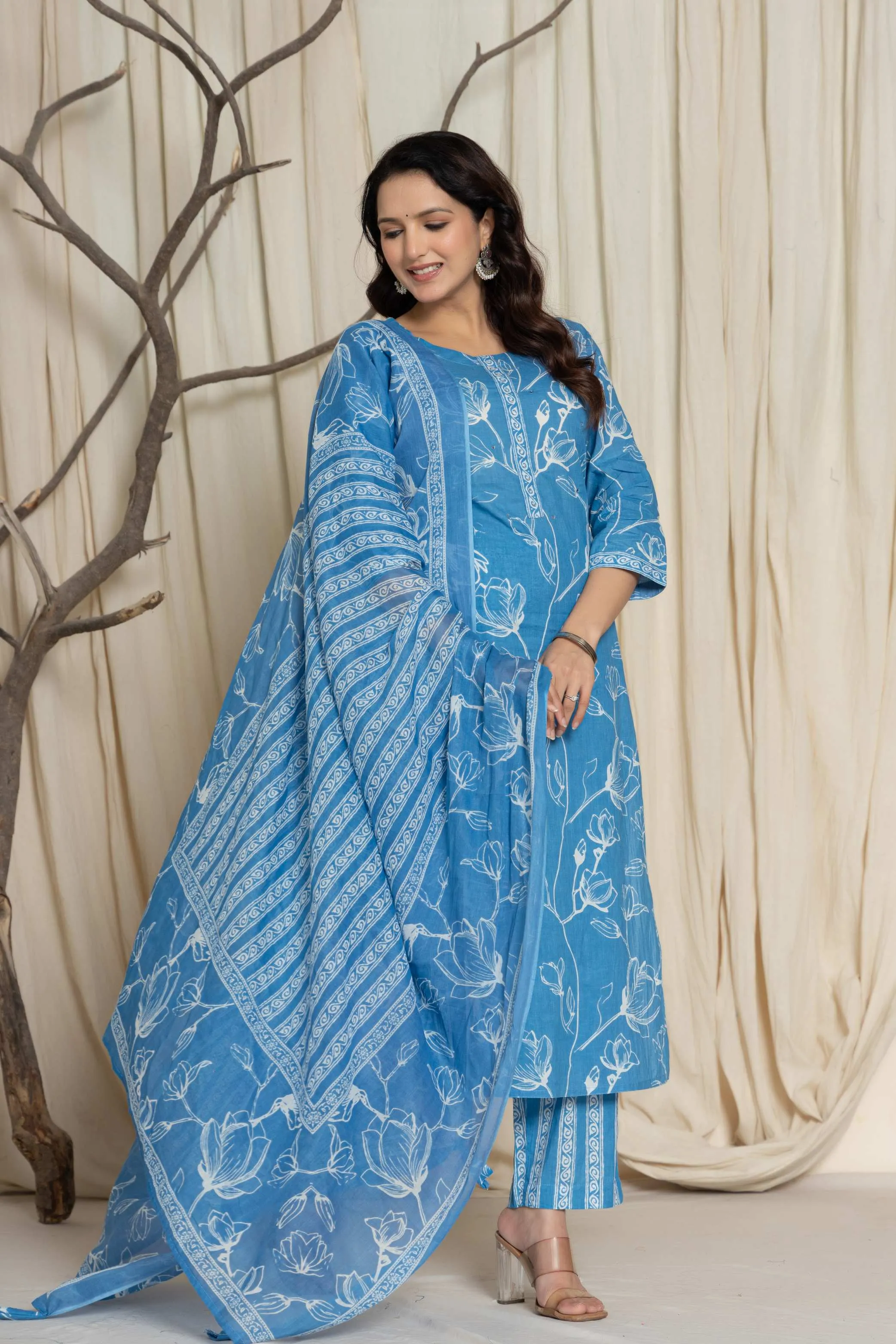Elegant Sky Blue Floral Cotton Suit Set - Kurti, Pant & Dupatta