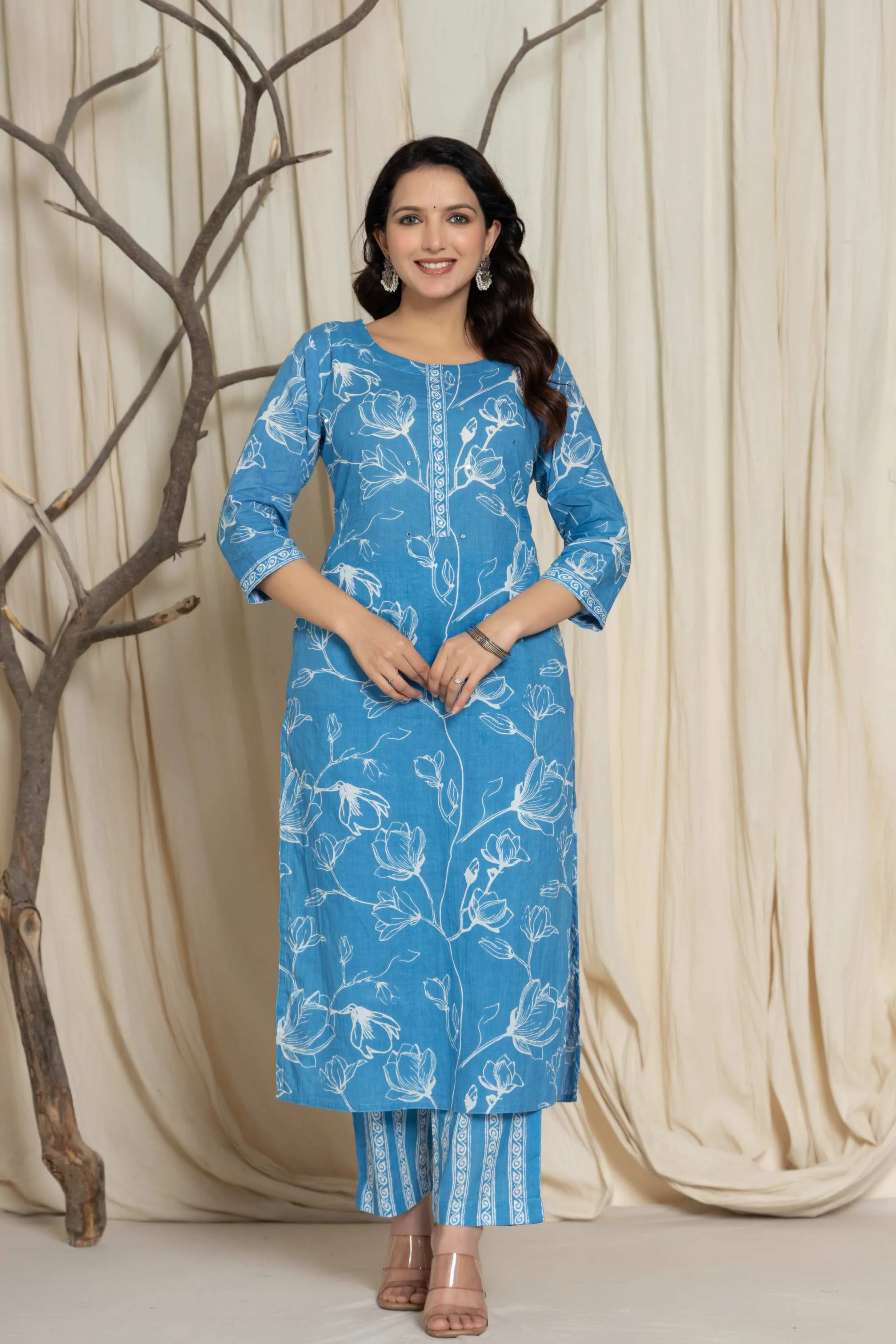 Elegant Sky Blue Floral Cotton Suit Set - Kurti, Pant & Dupatta