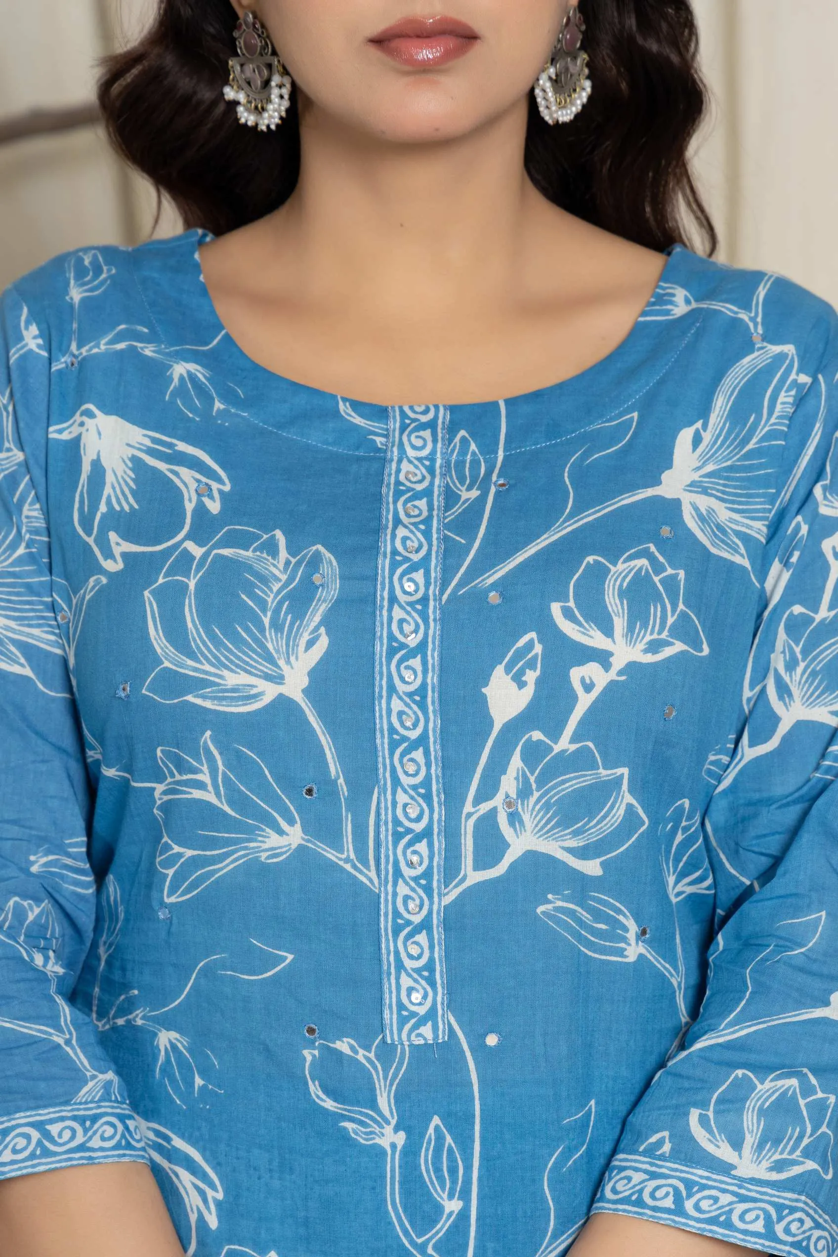 Elegant Sky Blue Floral Cotton Suit Set - Kurti, Pant & Dupatta