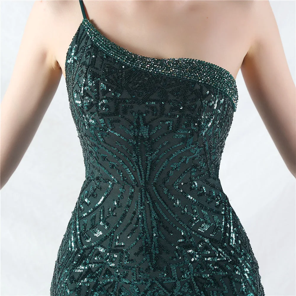 Glamorous One-Shoulder Sequin Embellished Tulle Evening Gown