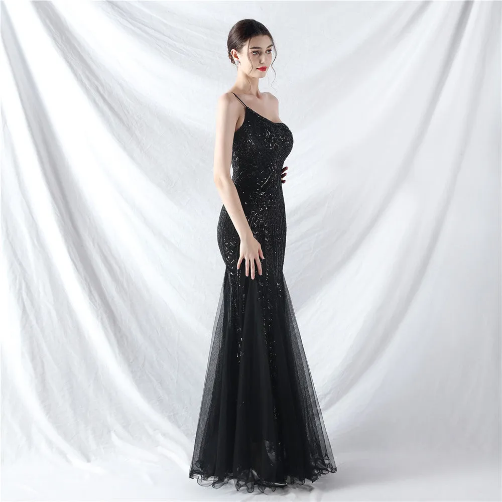 Glamorous One-Shoulder Sequin Embellished Tulle Evening Gown