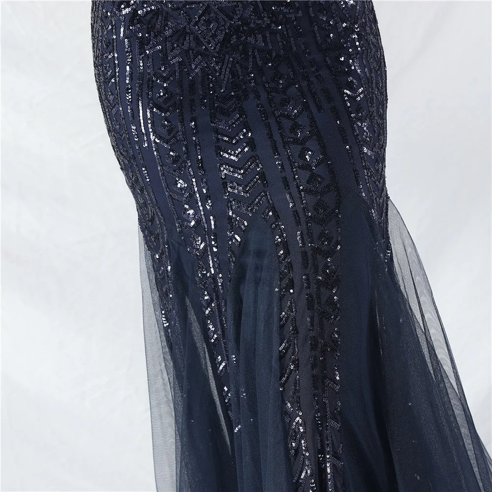 Glamorous One-Shoulder Sequin Embellished Tulle Evening Gown