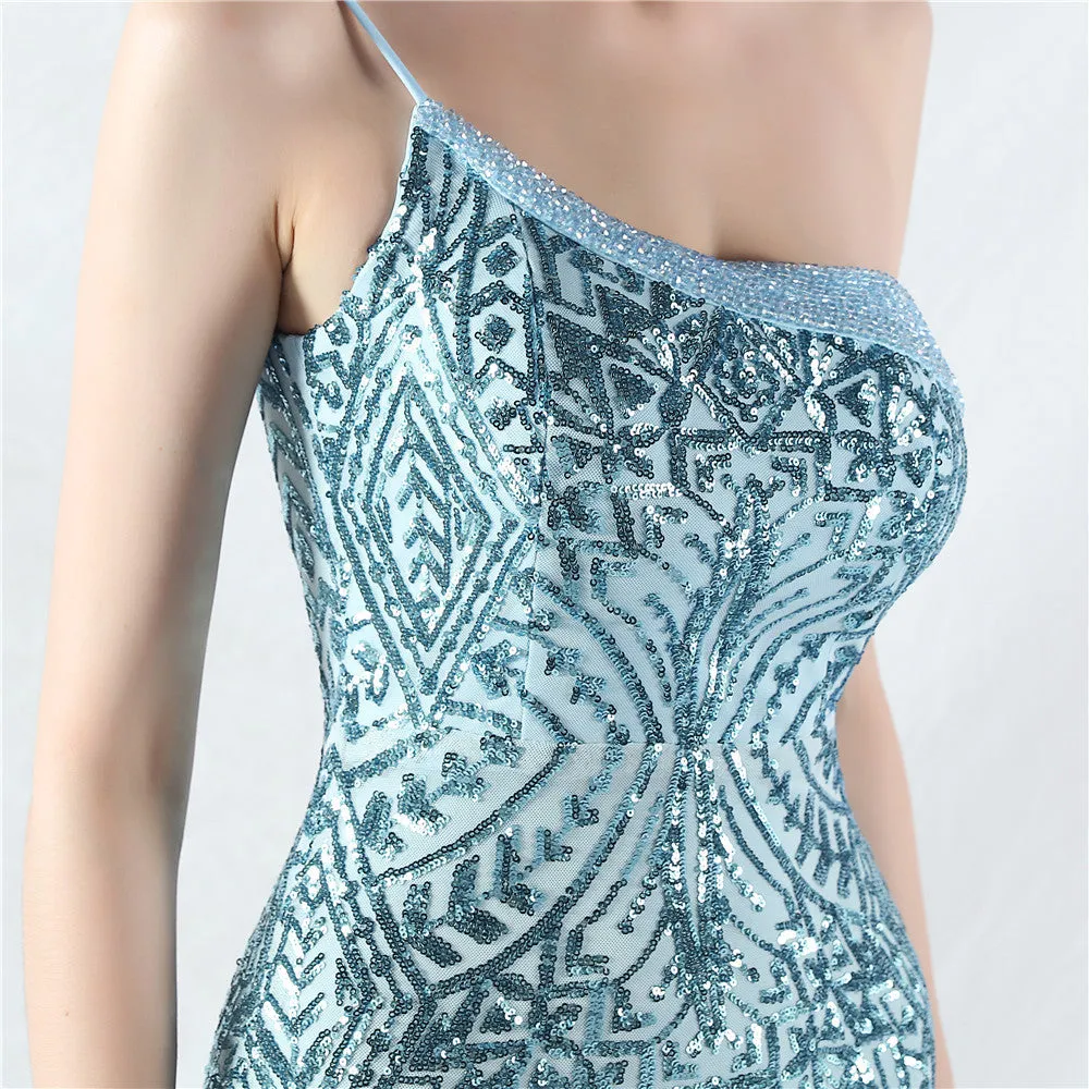 Glamorous One-Shoulder Sequin Embellished Tulle Evening Gown