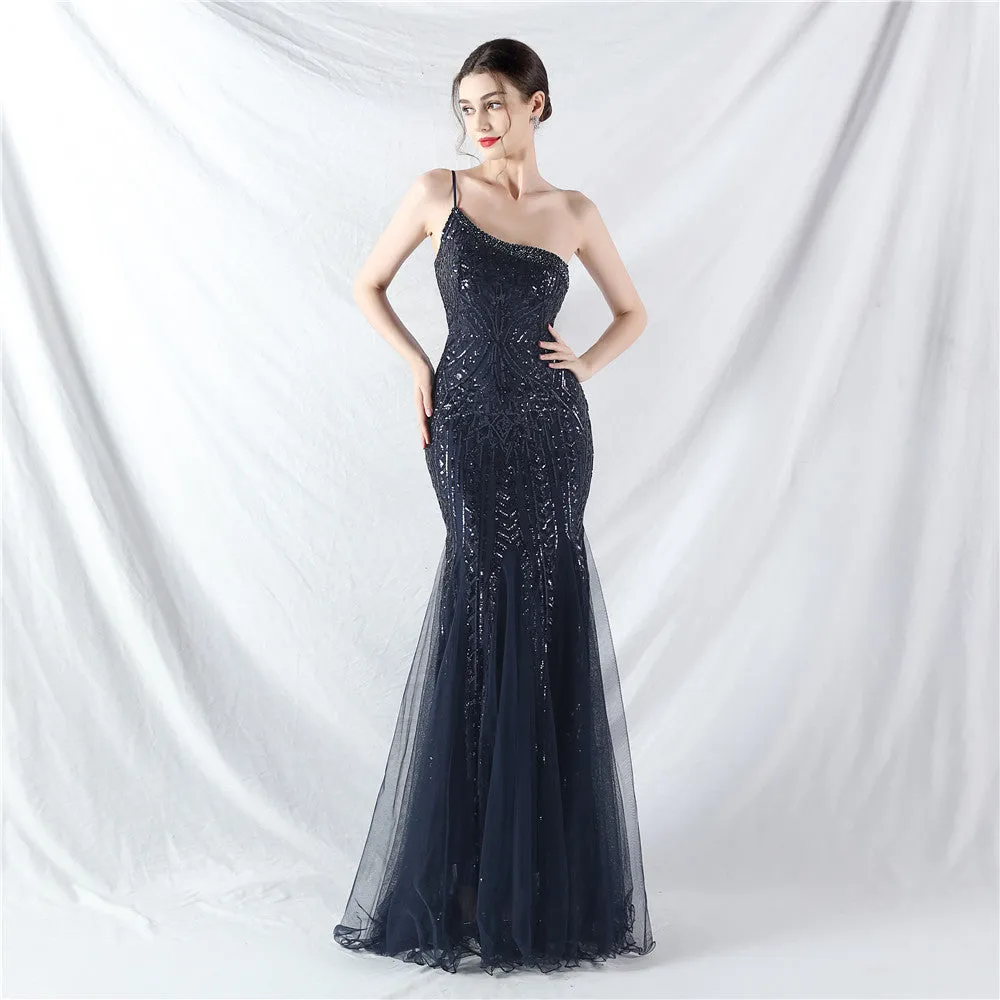 Glamorous One-Shoulder Sequin Embellished Tulle Evening Gown