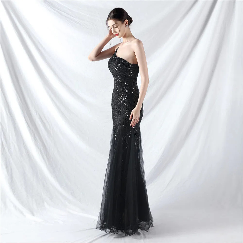 Glamorous One-Shoulder Sequin Embellished Tulle Evening Gown