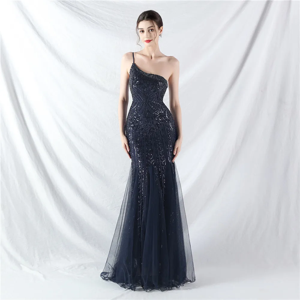 Glamorous One-Shoulder Sequin Embellished Tulle Evening Gown