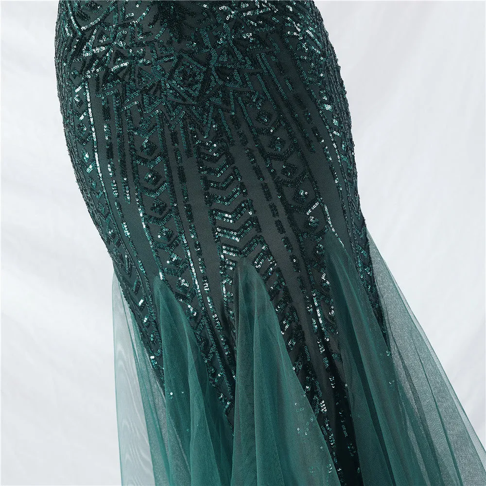 Glamorous One-Shoulder Sequin Embellished Tulle Evening Gown