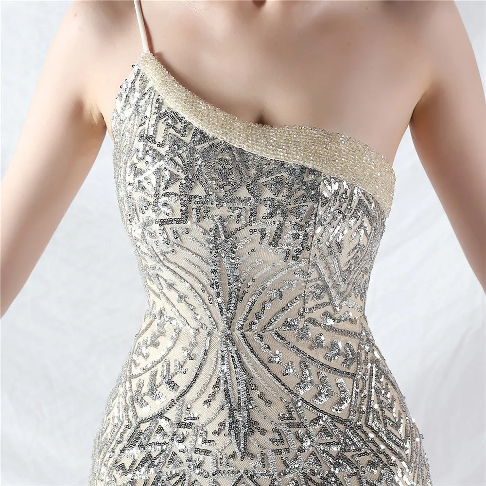 Glamorous One-Shoulder Sequin Embellished Tulle Evening Gown