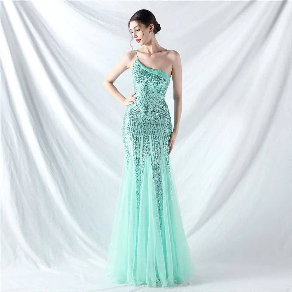 Glamorous One-Shoulder Sequin Embellished Tulle Evening Gown