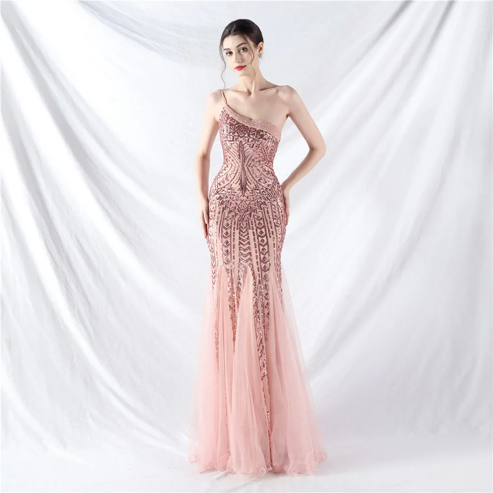 Glamorous One-Shoulder Sequin Embellished Tulle Evening Gown