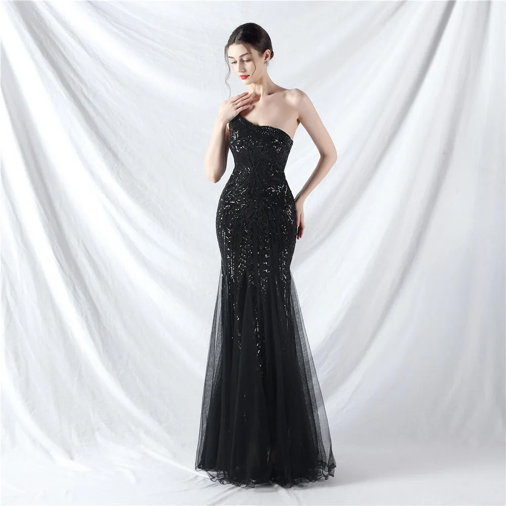 Glamorous One-Shoulder Sequin Embellished Tulle Evening Gown