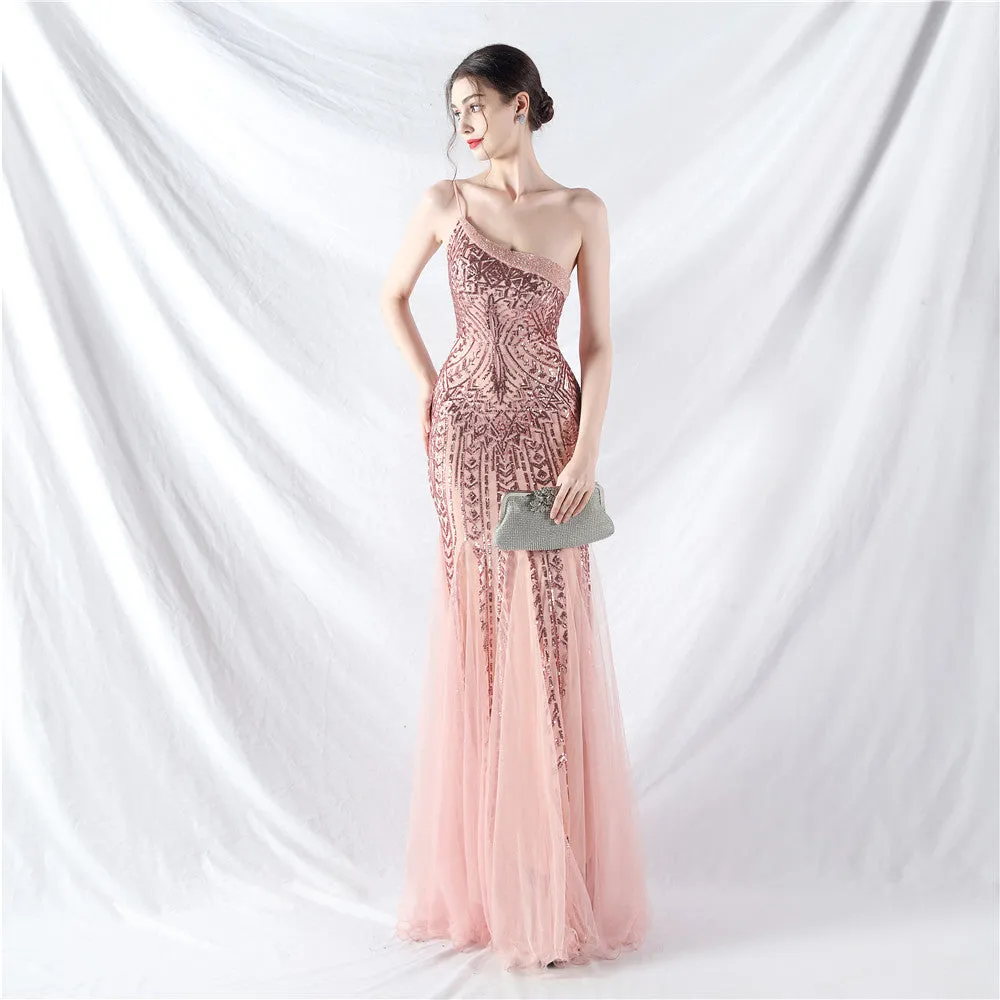Glamorous One-Shoulder Sequin Embellished Tulle Evening Gown