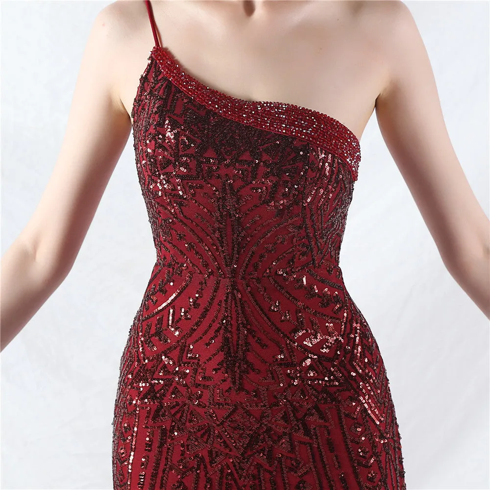 Glamorous One-Shoulder Sequin Embellished Tulle Evening Gown