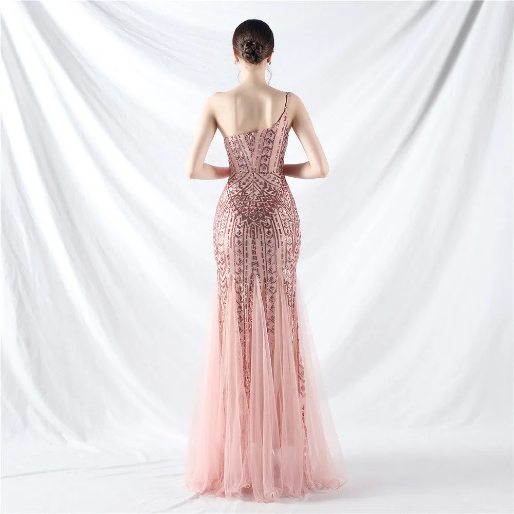 Glamorous One-Shoulder Sequin Embellished Tulle Evening Gown