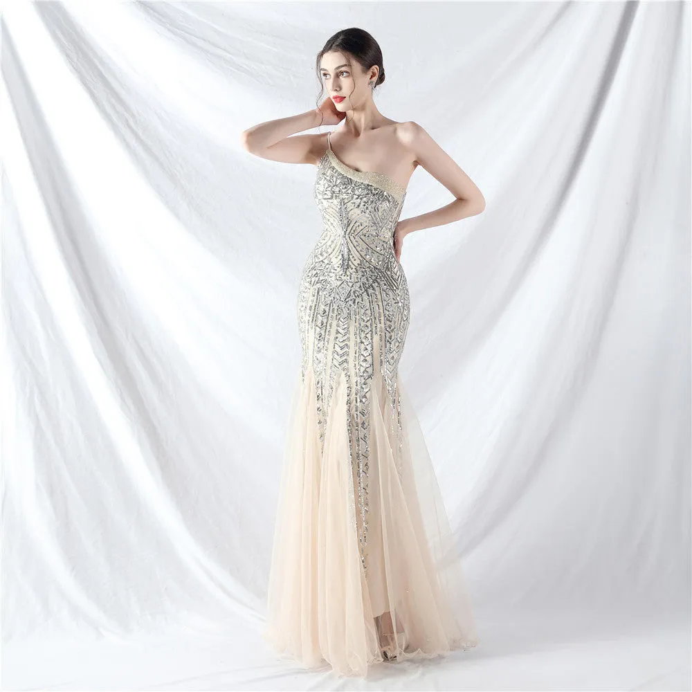 Glamorous One-Shoulder Sequin Embellished Tulle Evening Gown