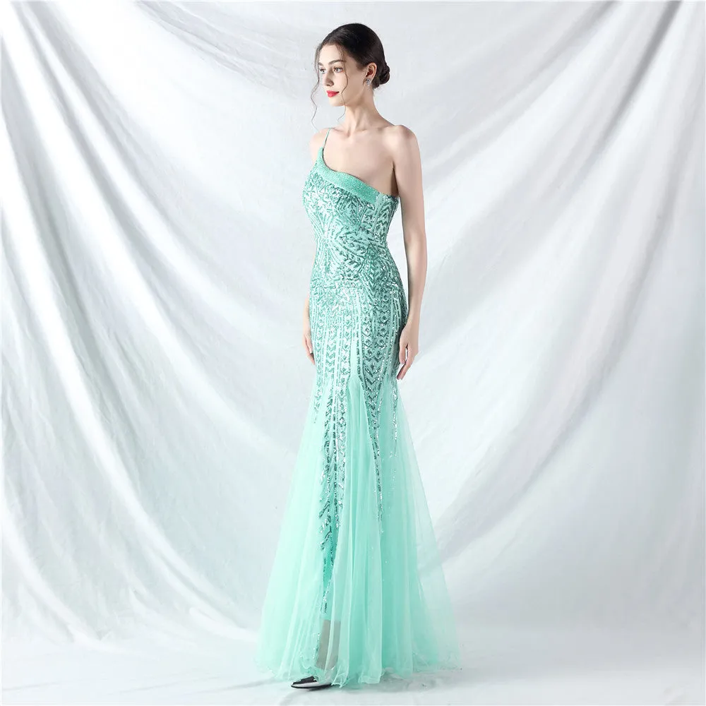 Glamorous One-Shoulder Sequin Embellished Tulle Evening Gown