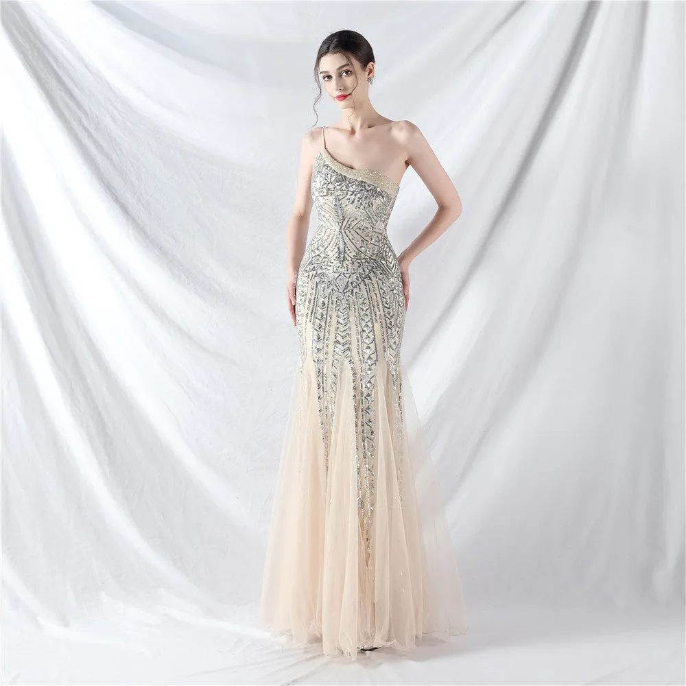 Glamorous One-Shoulder Sequin Embellished Tulle Evening Gown