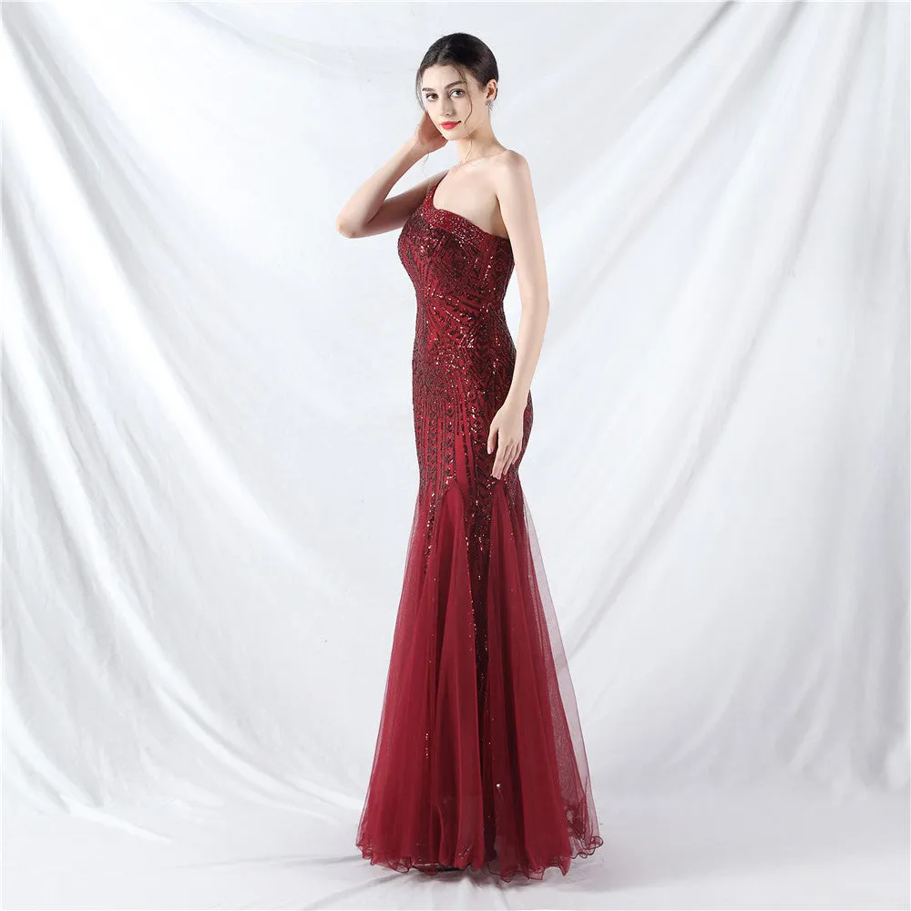 Glamorous One-Shoulder Sequin Embellished Tulle Evening Gown