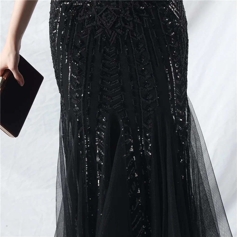 Glamorous One-Shoulder Sequin Embellished Tulle Evening Gown