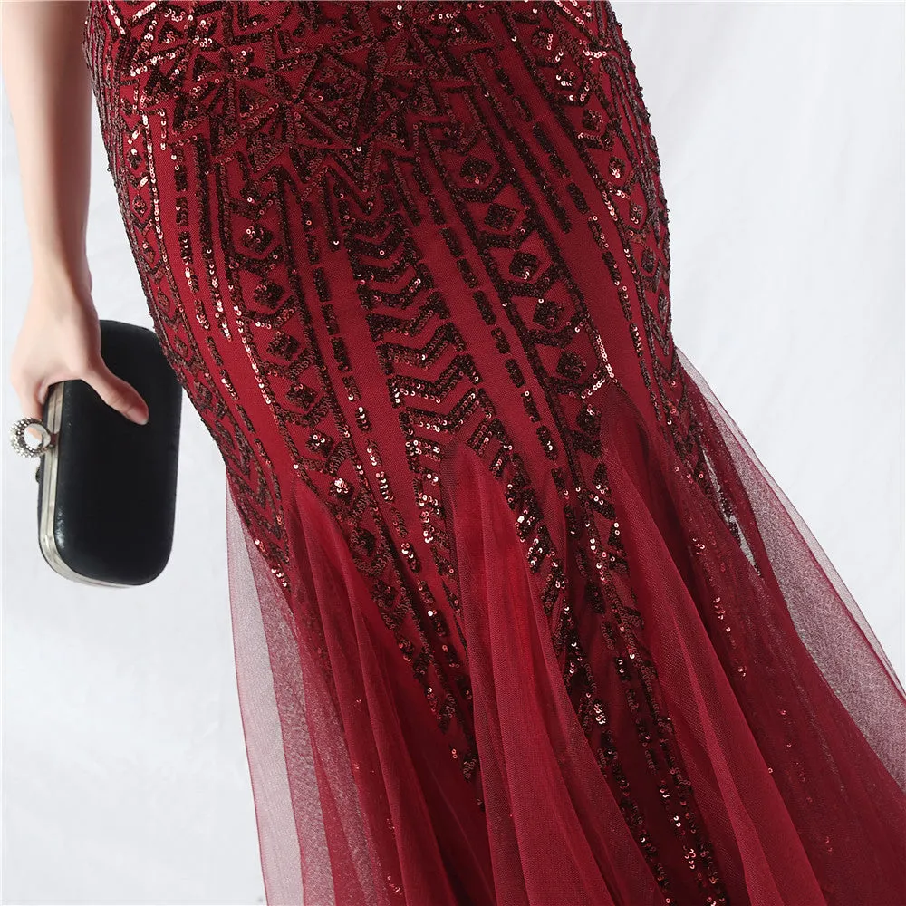 Glamorous One-Shoulder Sequin Embellished Tulle Evening Gown