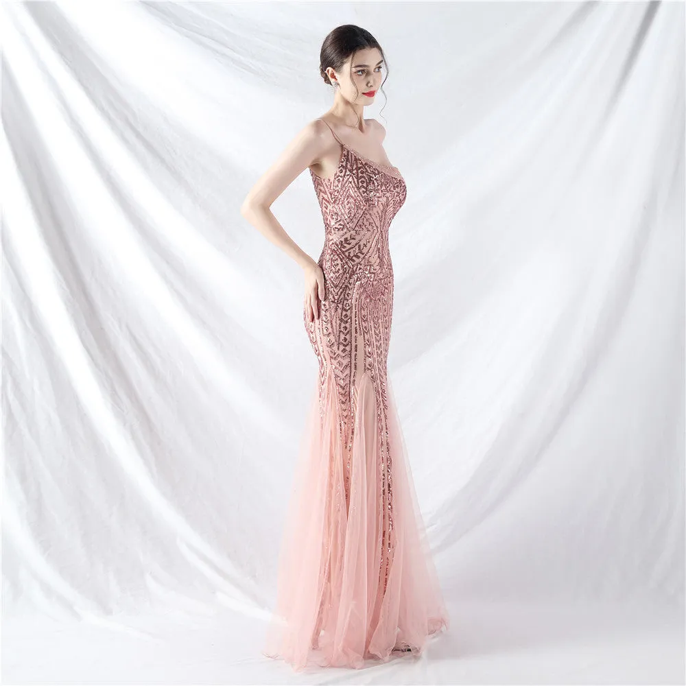 Glamorous One-Shoulder Sequin Embellished Tulle Evening Gown