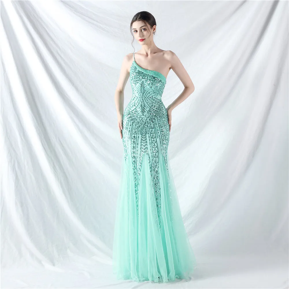 Glamorous One-Shoulder Sequin Embellished Tulle Evening Gown