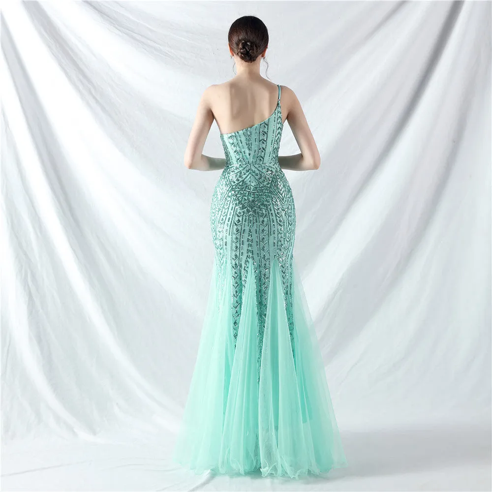Glamorous One-Shoulder Sequin Embellished Tulle Evening Gown