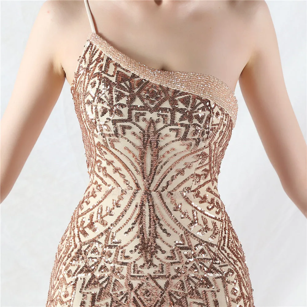 Glamorous One-Shoulder Sequin Embellished Tulle Evening Gown