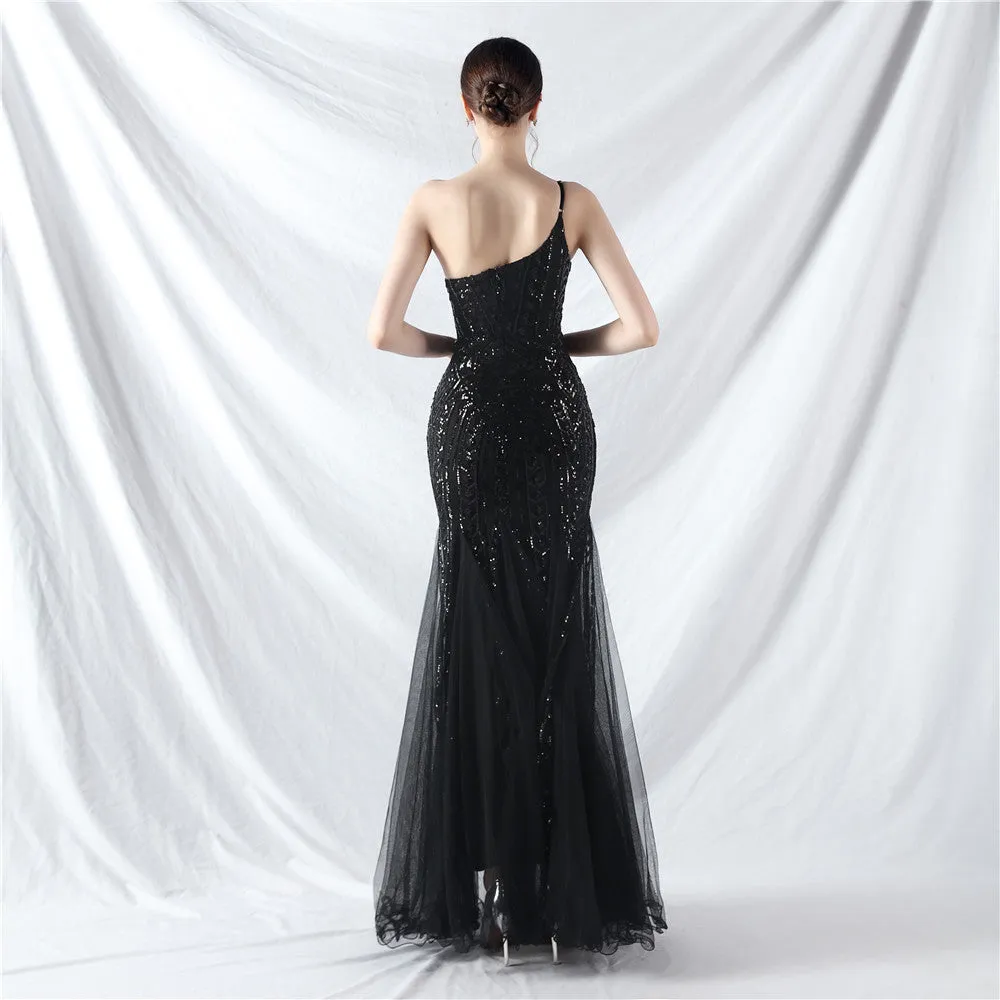 Glamorous One-Shoulder Sequin Embellished Tulle Evening Gown
