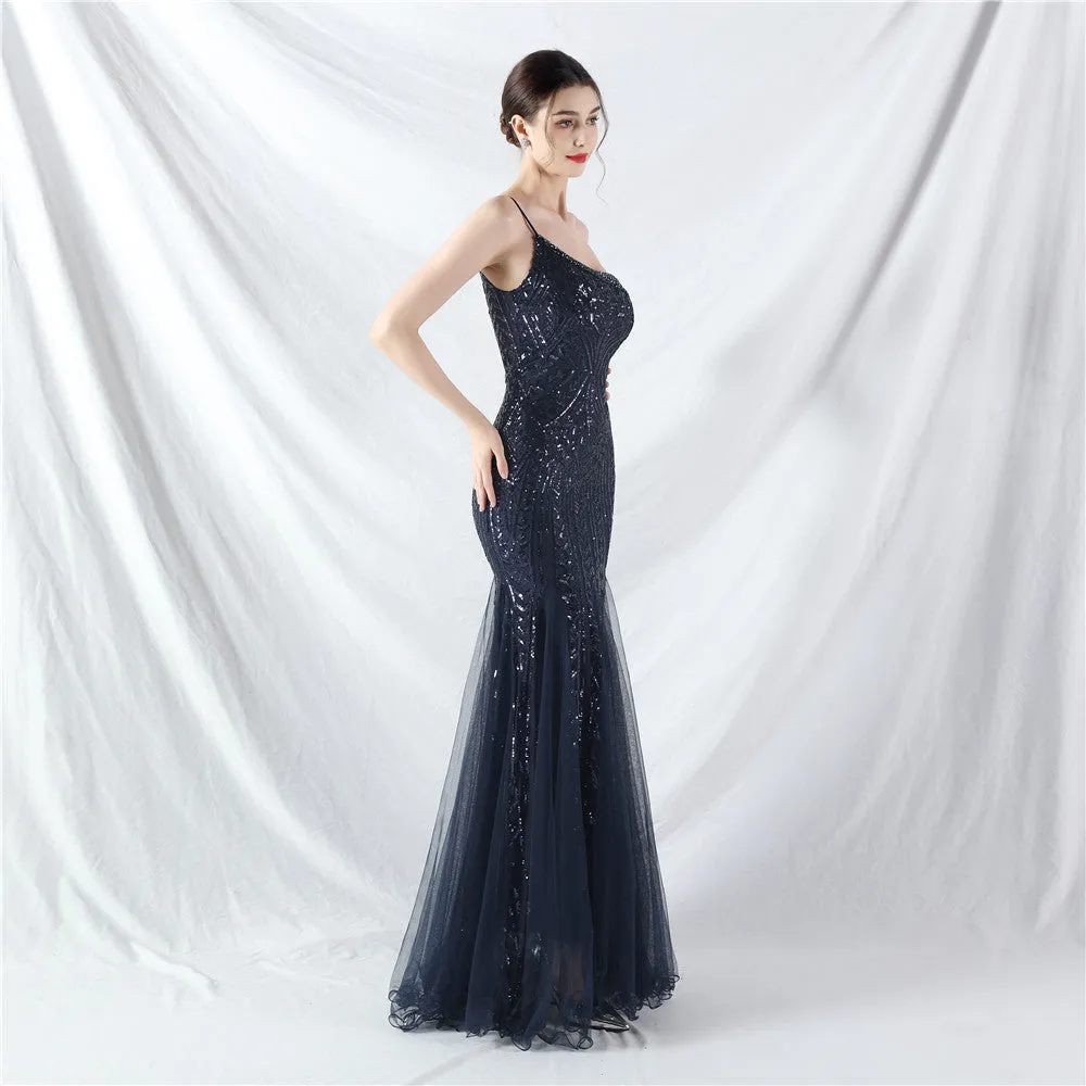 Glamorous One-Shoulder Sequin Embellished Tulle Evening Gown