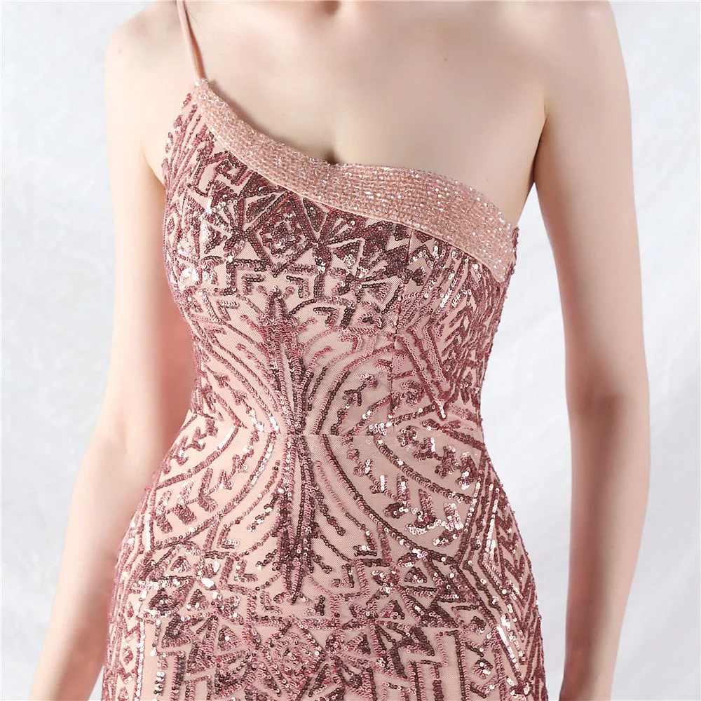 Glamorous One-Shoulder Sequin Embellished Tulle Evening Gown