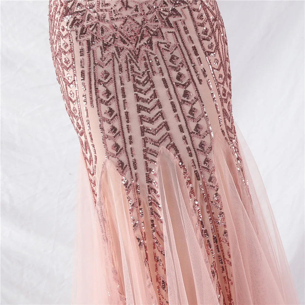 Glamorous One-Shoulder Sequin Embellished Tulle Evening Gown