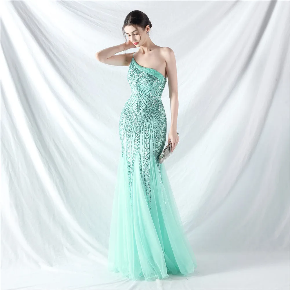 Glamorous One-Shoulder Sequin Embellished Tulle Evening Gown