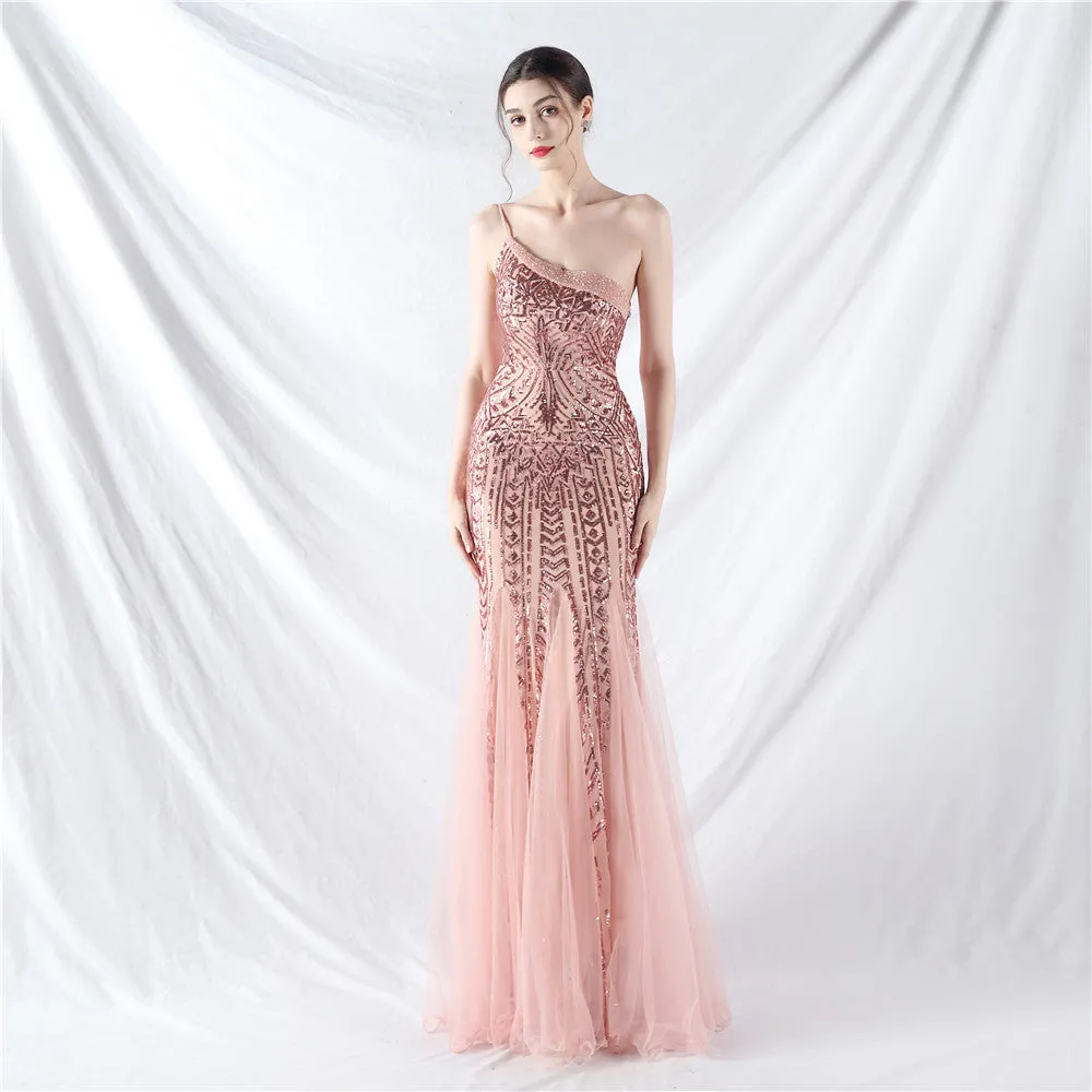 Glamorous One-Shoulder Sequin Embellished Tulle Evening Gown