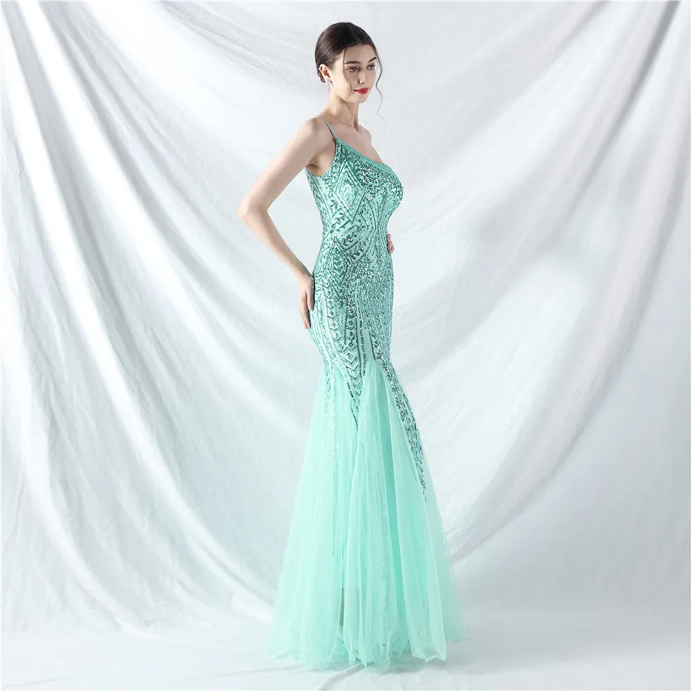 Glamorous One-Shoulder Sequin Embellished Tulle Evening Gown
