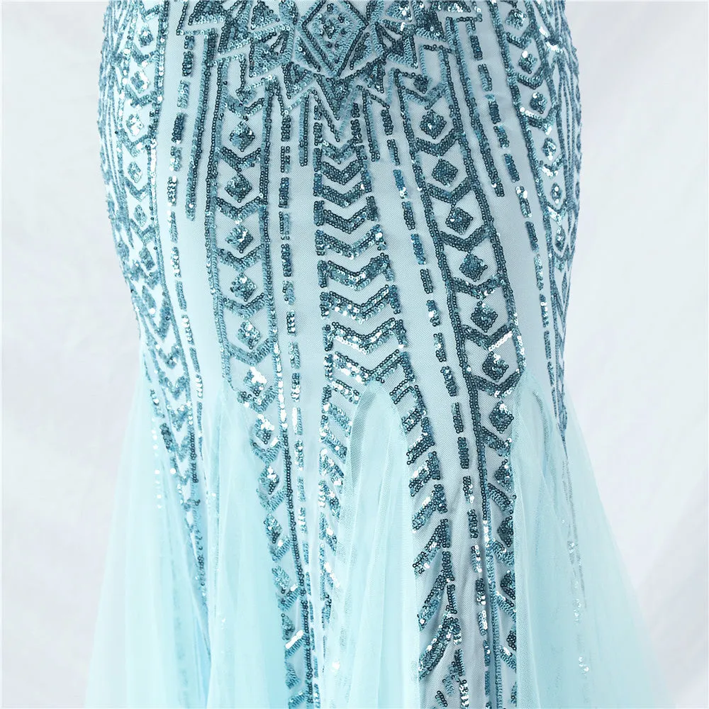 Glamorous One-Shoulder Sequin Embellished Tulle Evening Gown
