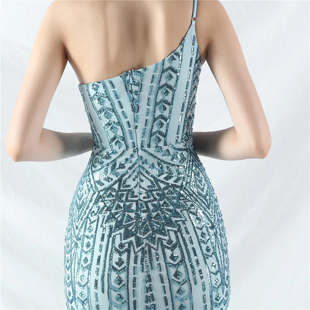 Glamorous One-Shoulder Sequin Embellished Tulle Evening Gown