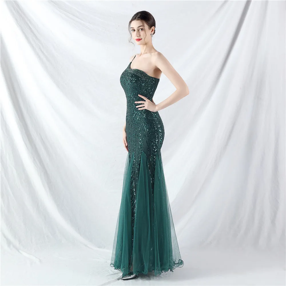 Glamorous One-Shoulder Sequin Embellished Tulle Evening Gown
