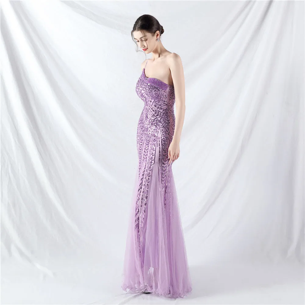 Glamorous One-Shoulder Sequin Embellished Tulle Evening Gown