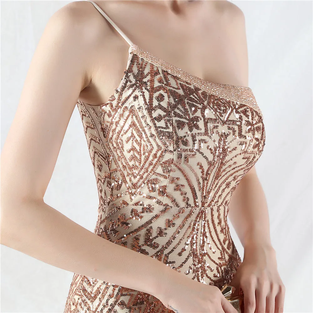 Glamorous One-Shoulder Sequin Embellished Tulle Evening Gown