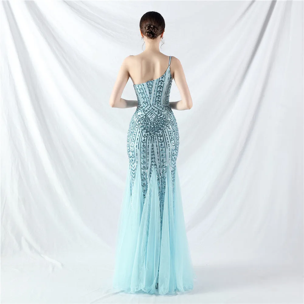 Glamorous One-Shoulder Sequin Embellished Tulle Evening Gown