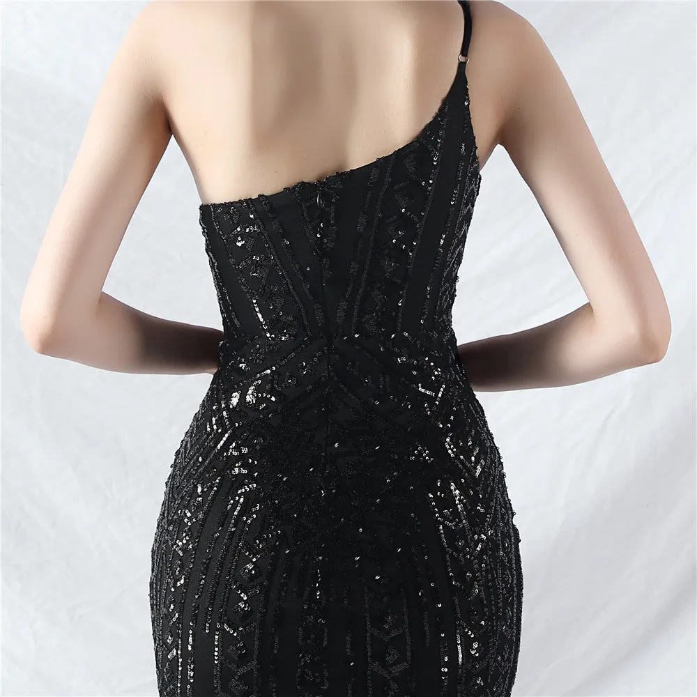 Glamorous One-Shoulder Sequin Embellished Tulle Evening Gown