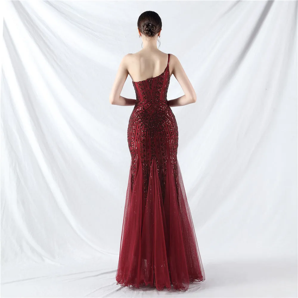 Glamorous One-Shoulder Sequin Embellished Tulle Evening Gown