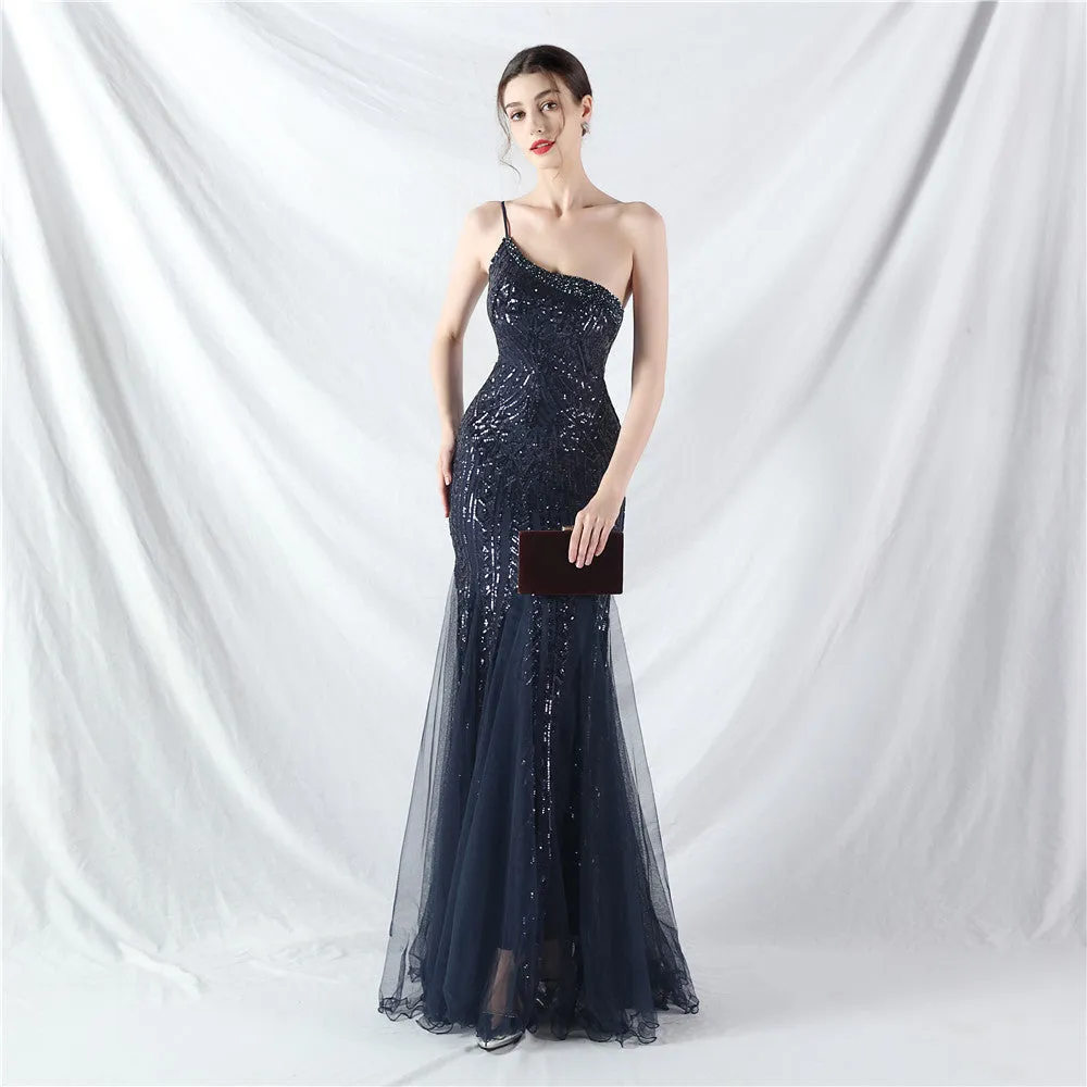 Glamorous One-Shoulder Sequin Embellished Tulle Evening Gown