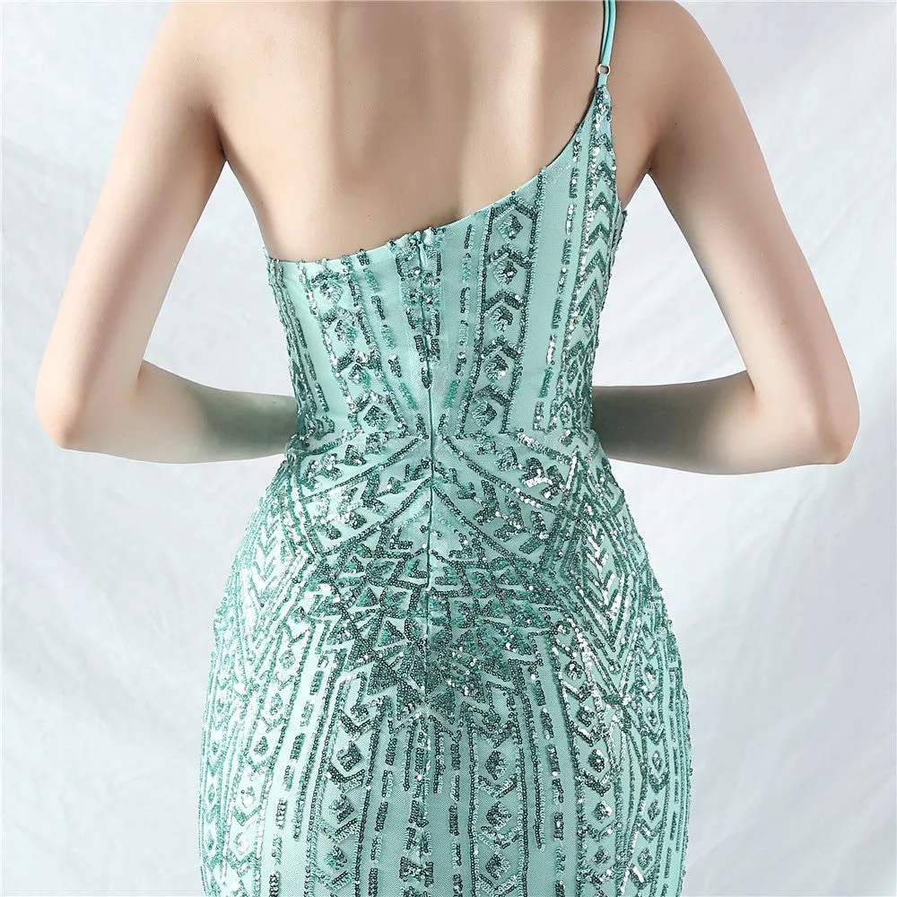 Glamorous One-Shoulder Sequin Embellished Tulle Evening Gown