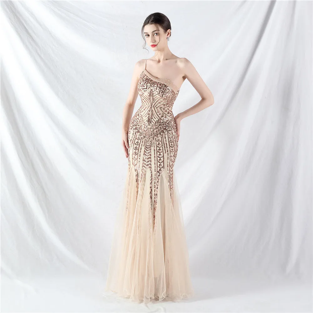 Glamorous One-Shoulder Sequin Embellished Tulle Evening Gown