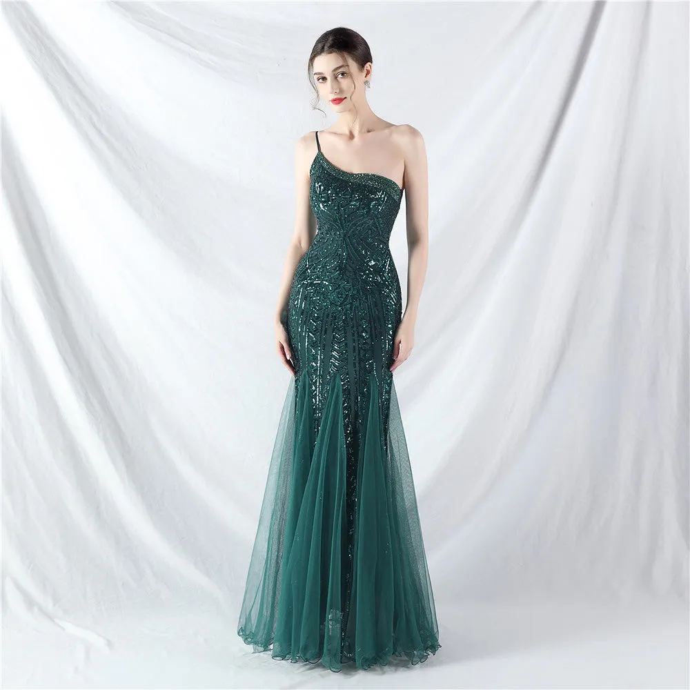 Glamorous One-Shoulder Sequin Embellished Tulle Evening Gown