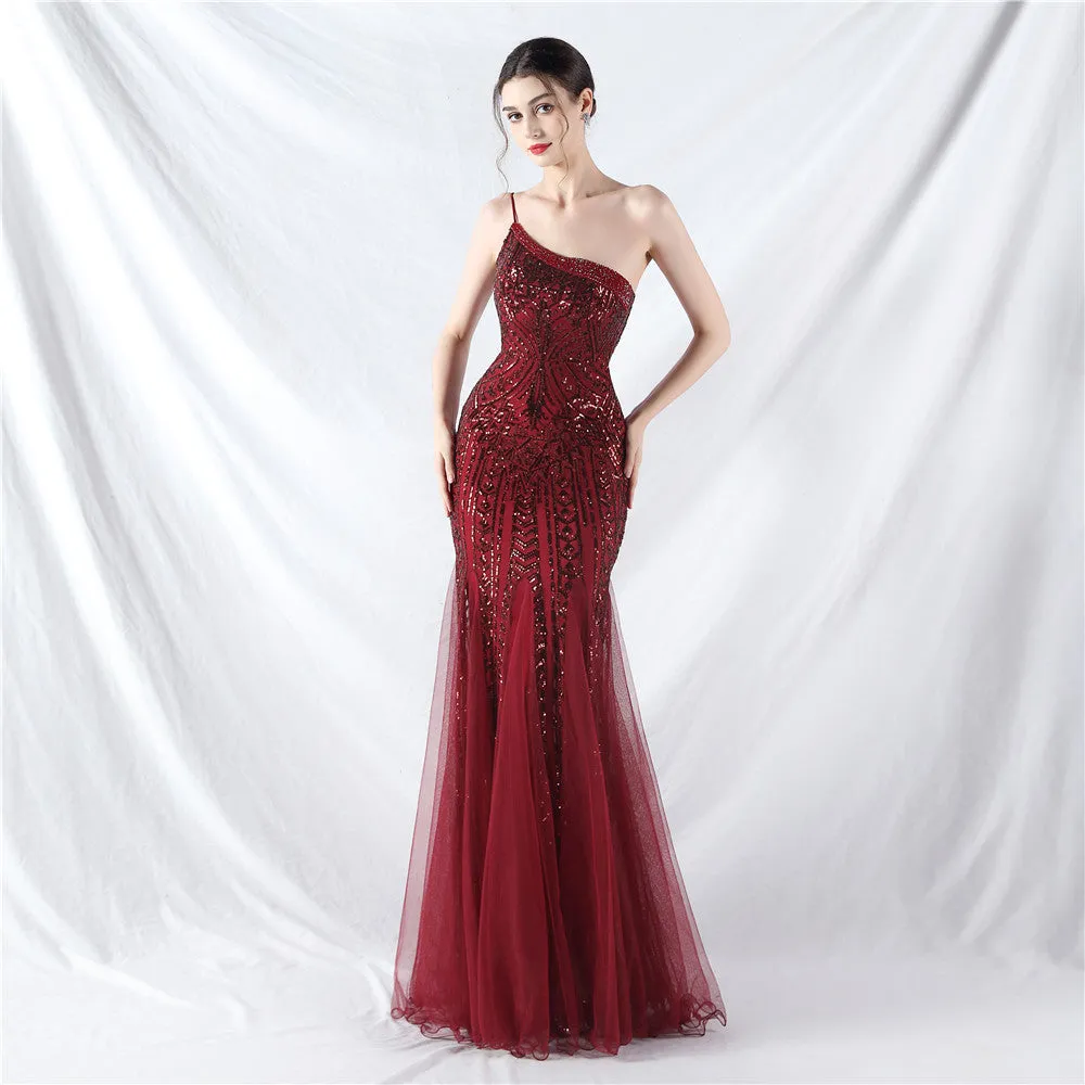Glamorous One-Shoulder Sequin Embellished Tulle Evening Gown