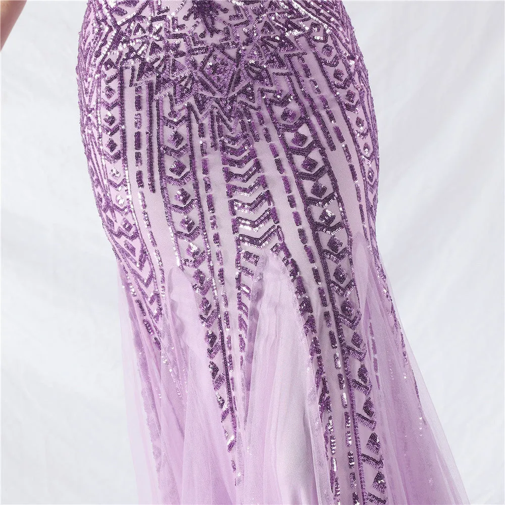 Glamorous One-Shoulder Sequin Embellished Tulle Evening Gown